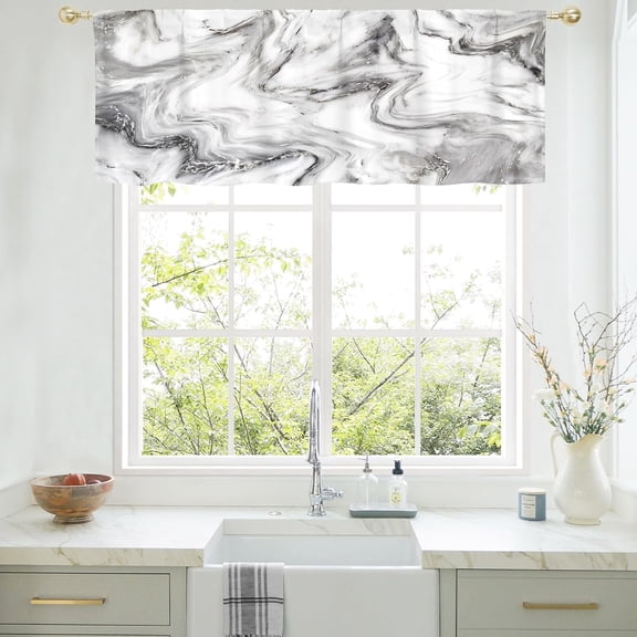 Grey Valance Curtains for Living Room, Abstract Marble Pattern Semi Sheer Kitchen Valances for Windows, Rod Pocket Short Window Treatment Decor, 52x18