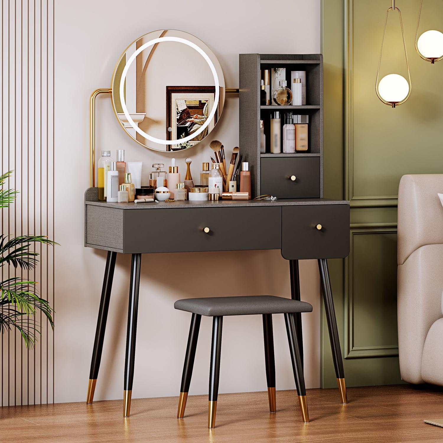 Grey Vanity Desk Make Vanity Set with Touch Screen Dimming Mirror 3 Color Lighting Modes Dressing Table with 3 Sliding Drawers Modern Bedroom