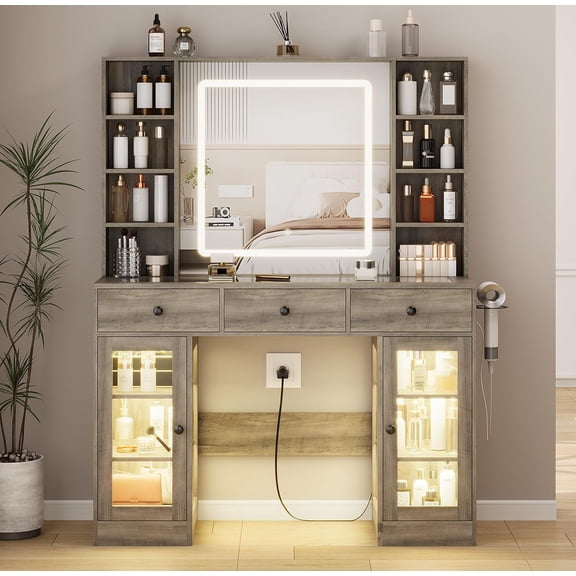 Grey Vanity Desk with Mirror and Lights, 43.4" Makeup Vanity Table Set with Lighted Mirror & RGB Glass Cabinet, 3 Drawers, Glass Top Dressing Table with Large Shelves for Girls, 3 Color Modes