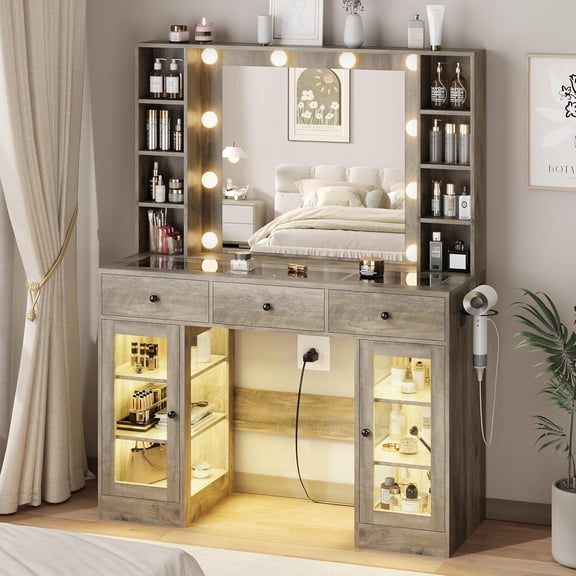 Grey Vanity Desk with Mirror and Lights, Glass Top Vanity with Lighted Mirror & RGB Glass Cabinet and 3 Drawers, Farmhouse Makeup Vanity Desk with Lights Dressing Table for Bedroom, 3 Color Modes