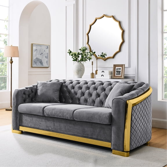 Grey Velvet 3 Seat Couch with Gold Accents / Enhance Living Room Atmosphere