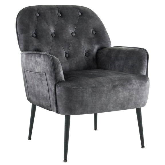 Grey Velvet Armchair with Storage, Upholstered Accent Chair with Armrests, Button Tufted Backrest Arm Chair, Metal Legs Single Sofa Chair, Lounge Chair for Living Room Balcony Reception Room 