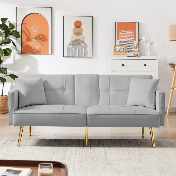 Grey Velvet Bed With Gold Metal Legs, 3 Adjustable Angles For Optimal Comfort, 2 Side Pockets Daily Use, Cup Holder, Foam, Sinuous Spring Seat, Elegant Futon Settings Your Well-being, Belongings,