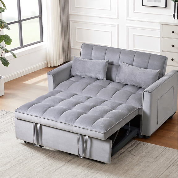 Grey Velvet Bed With Hand Straps, 3 In 1 Convertible, Futon Modern Couch Bed, Upholstery, 1, Adjustable ,