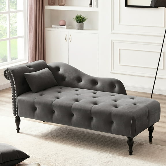 Grey Velvet Chaise With Elegant Buttons And Nailhead Trim For Style Lounge Design, & Pillow - Enhance Your Reading Room's Comfort