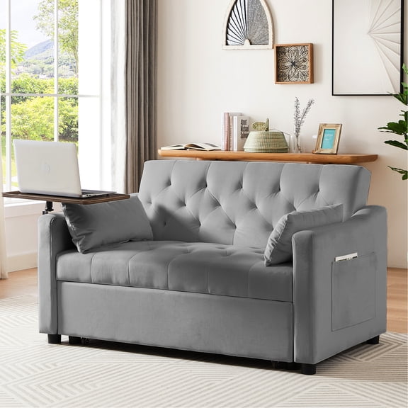 Grey Velvet Convertible Bed, Featuring 360° Side Table Rotation, Modern Appearance, Turns Into Bed Easily, Multiple Adjustable Settings, Fabric And Legs, Easy Assembly Process With Back Seat,