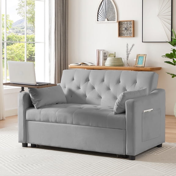 Grey Velvet Convertible Bed, Featuring Rotating Side Table, Modern Style, Turns Into Bed Promptly, Multiple Adjustable Settings, Materials, Easy Assembly Required With Contemporary Look, Becomes A
