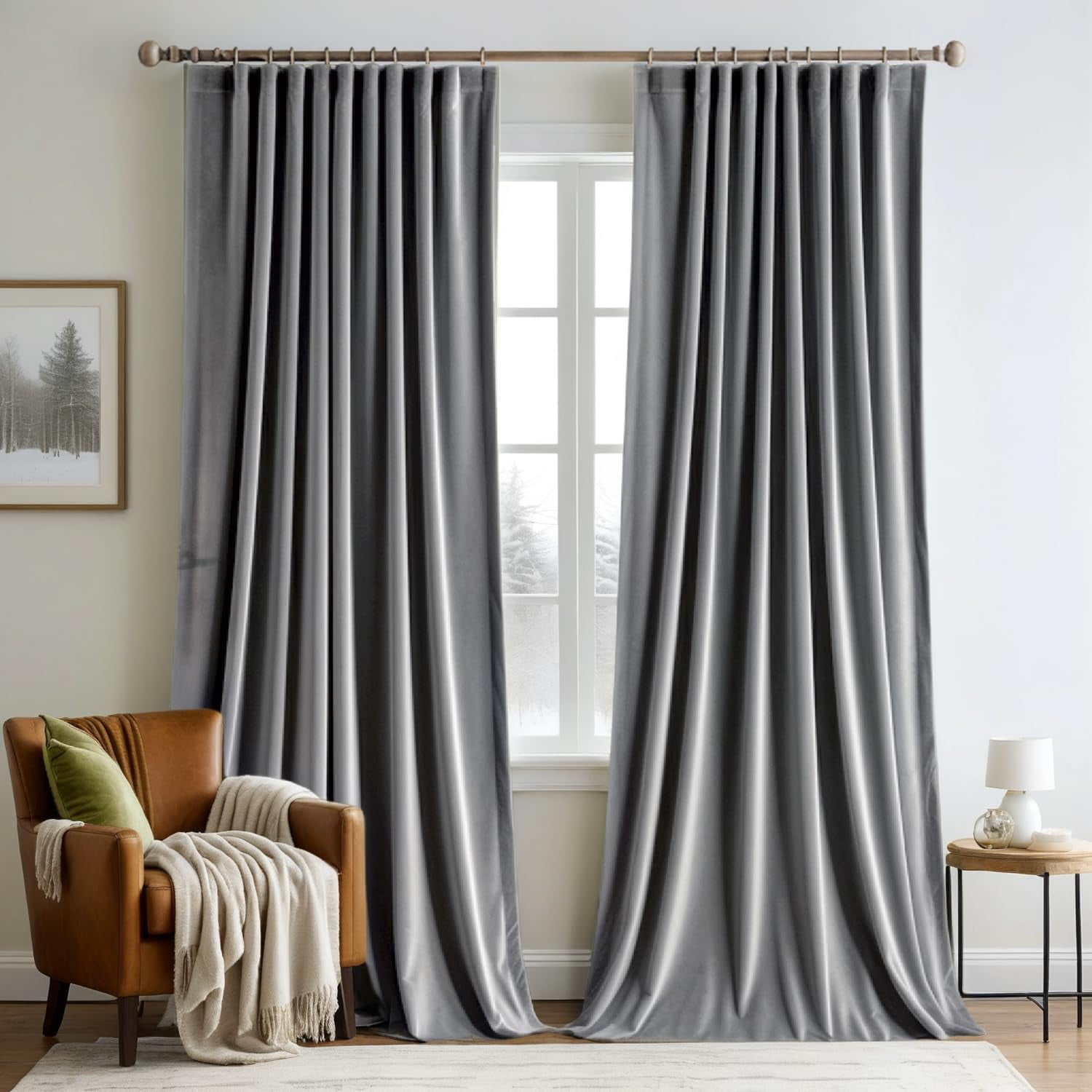 Grey Velvet Curtains 96 inches Long 2 Panels - Luxury Pinch Pleated