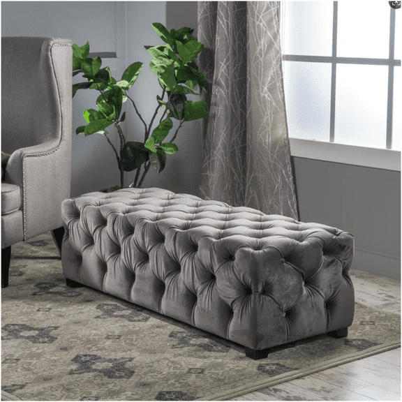 Grey Velvet Ottoman Bench with Button Tufting, Modern Glam Storage Footstool for Living Room