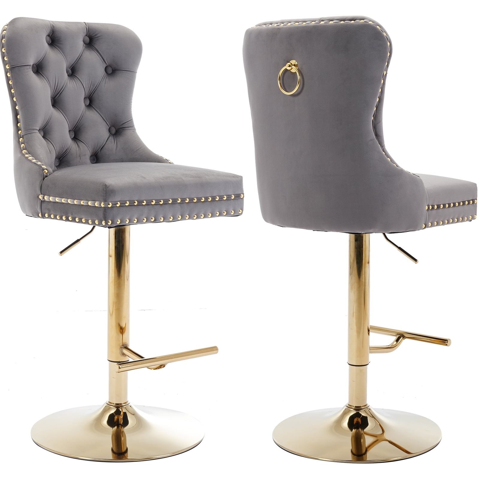 Grey Velvet Swivel Bar Stools Set of 2 with Upholstered Back, Adjustable Counter Height Barstools, Bar Chairs for Home Bar Kitchen Island Pub Restaurant (2 Pcs, Gray)