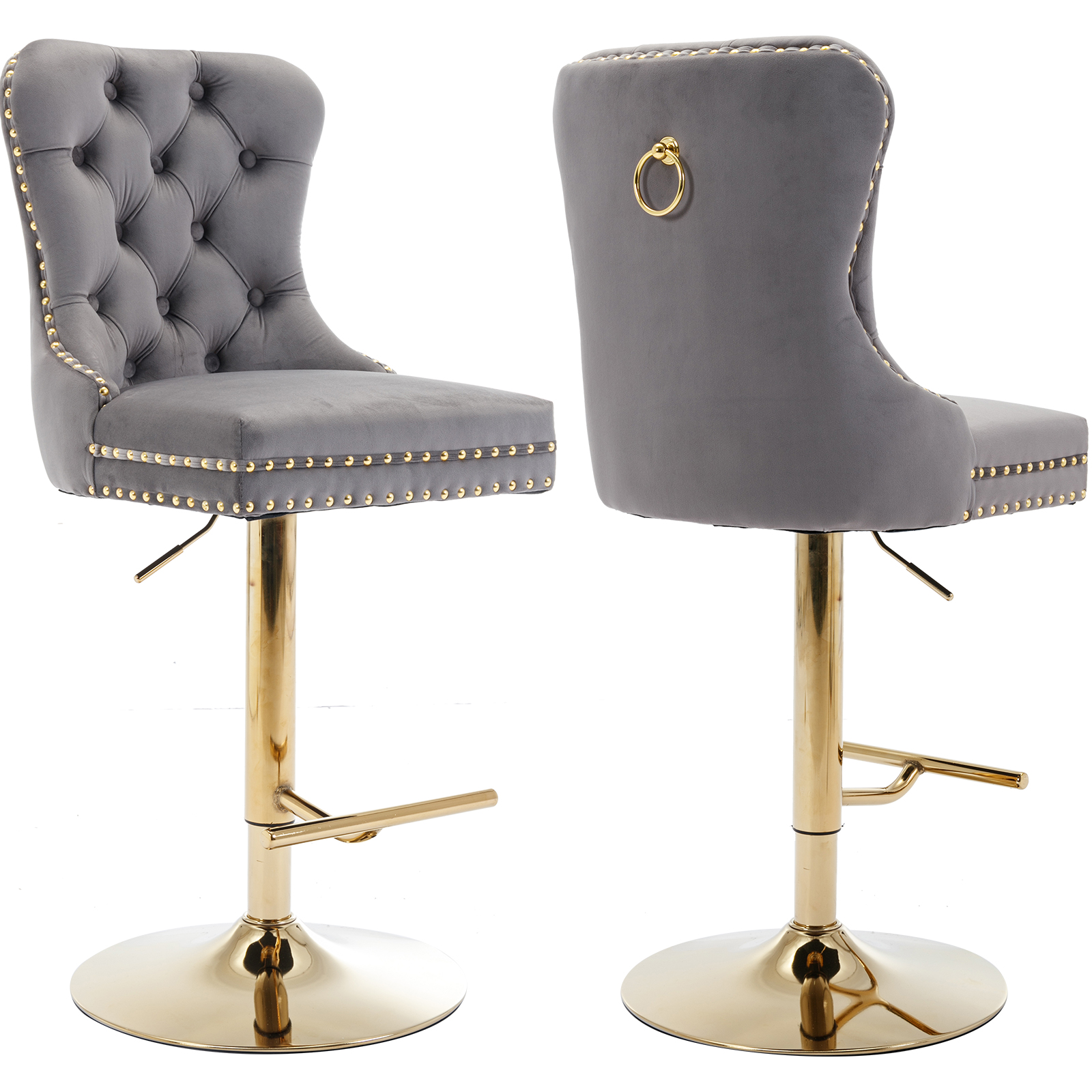 Grey Velvet Swivel Bar Stools Set of 2 with Upholstered Back