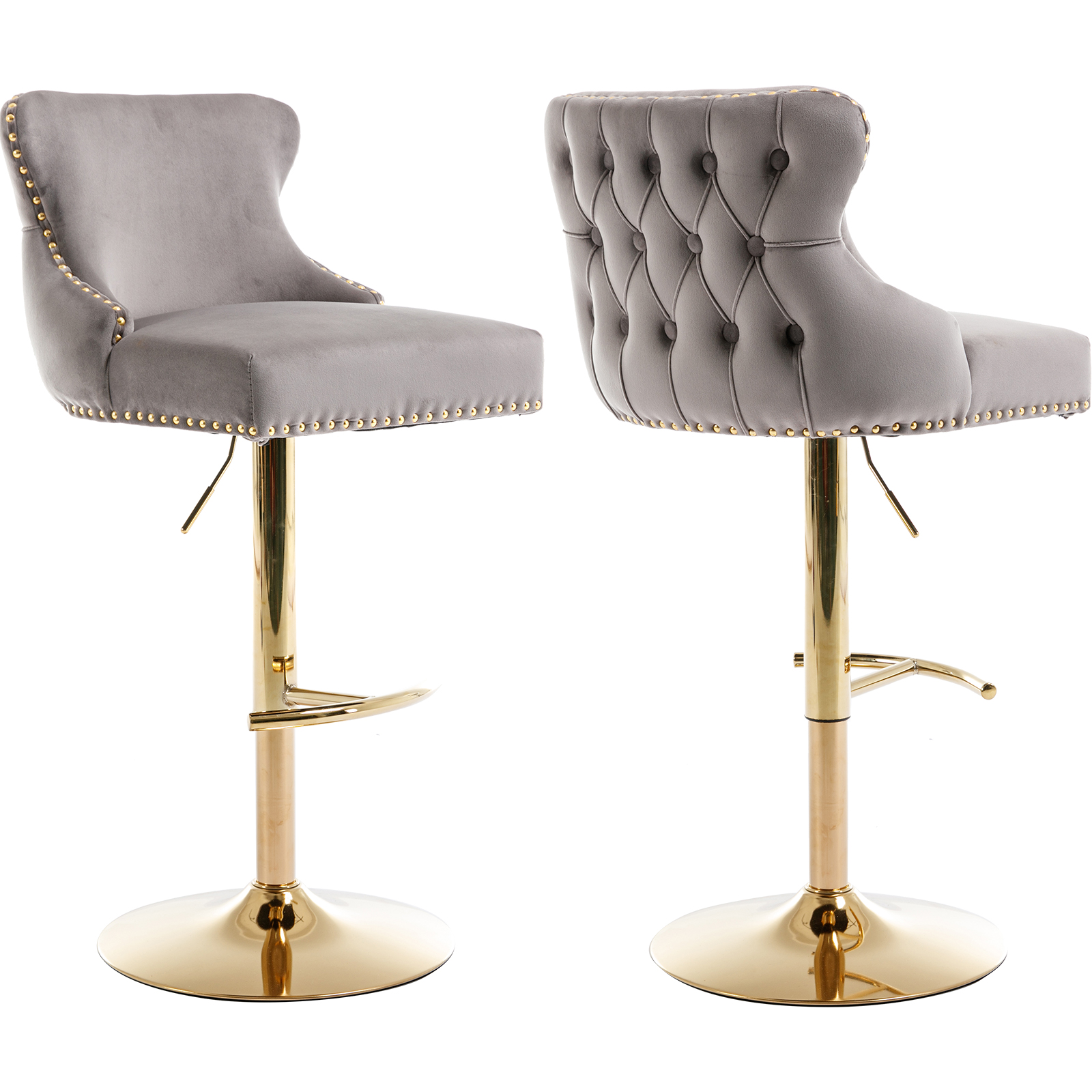 Grey Velvet Swivel Bar Stools Set of 2 with Upholstered Back