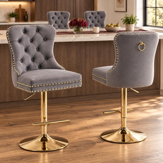 Grey Velvet Swivel Bar Stools Set of 4 with Upholstered Back, Adjustable Counter Height Barstools, Bar Chairs for Home Bar Kitchen Island Pub Restaurant (4 Pcs, Gray)
