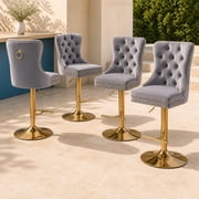 Grey Velvet Swivel Bar Stools Set of 4 with Upholstered Back, Adjustable Counter Height Barstools, Bar Chairs for Home Bar Kitchen Island Pub Restaurant 4 Pcs, Gray