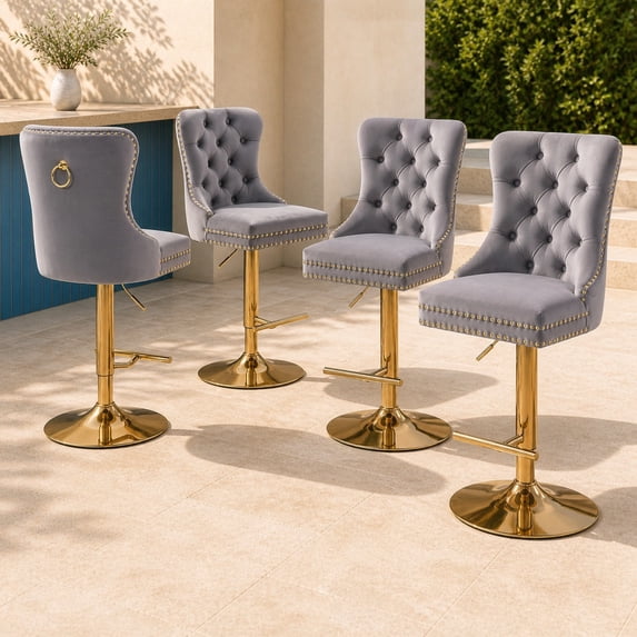Grey Velvet Swivel Bar Stools Set of 4 with Upholstered Back, Adjustable Counter Height Barstools, Bar Chairs for Home Bar Kitchen Island Pub Restaurant (4 Pcs, Gray)