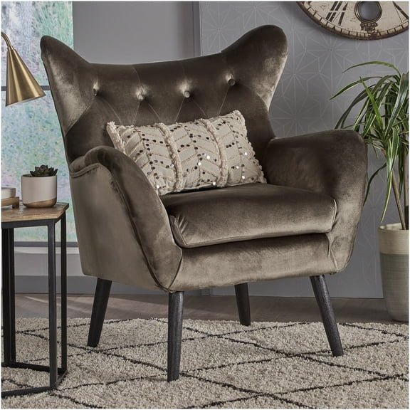 Grey Velvet Upholstered Armchair with Button Tufting and Curved Wingback