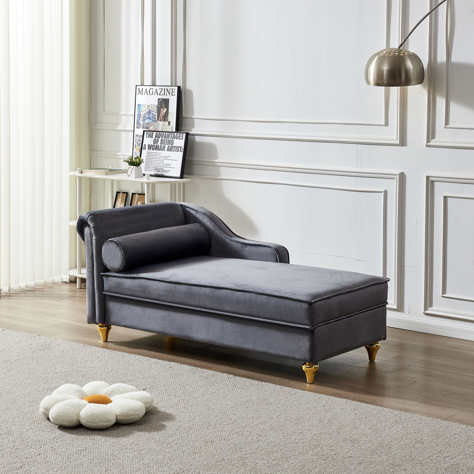 Grey Velvet Upholstered Chaise Lounge Contemporary Styling with