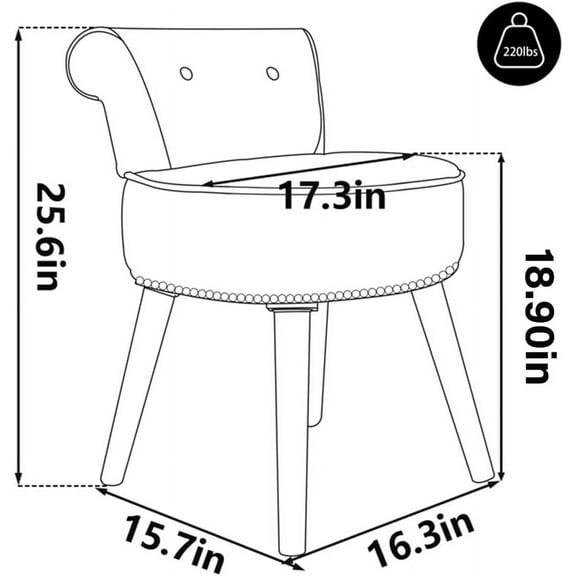 Grey Velvet Vanity Chair with Low Back - Tufted Accent Chair for Dressing Room, Bedroom, Bathroom & Living Room