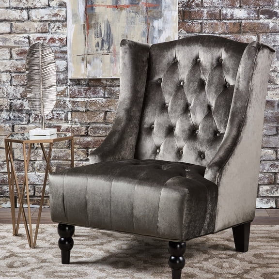 Grey Velvet Wingback Chair Hi-back Club - Styled With Button Tufting, 38.74 In. Tall, Decoration For Interior Chair Velvet, Turned Birch Wood Legs, Button- Decor, Tall
