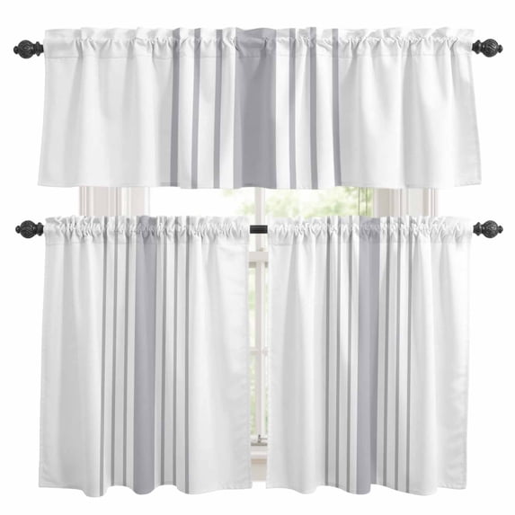 Grey Vertical Striped Kitchen Curtains Sets for Windows 36 Inch Length, White Modern Simple Geometric Rod Pocket Window Treatments Tier Curtains and Valances Set for Bedroom/Bathroom