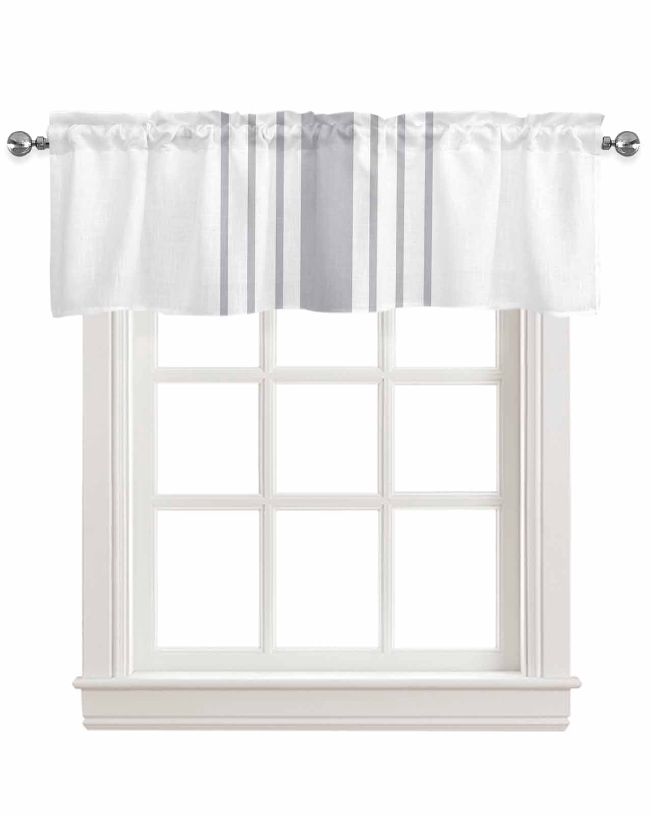 Grey Vertical Striped Kitchen Valances for Windows Farmhouse Linen Window Valance Curtain for Living Room Window Treatment White Modern Simple Geometric Valance Rod Pocket Topper Drape, 42 x 18 Inch