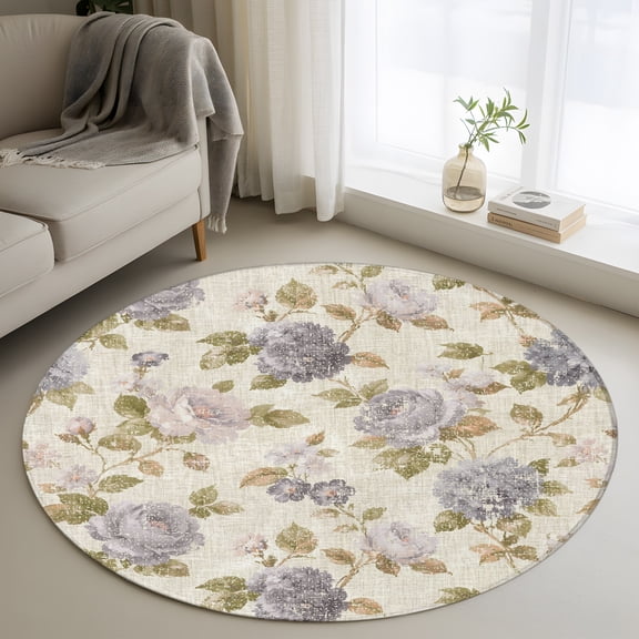 Grey Vintage Floral 3ft Area Rug, Hydrangea Botanical Elegant Washable Non-Slip Small Round Rugs for Entryway Bedroom Kitchen, Soft Circle Carpet for Dining Room, Playroom Nursery Rug
