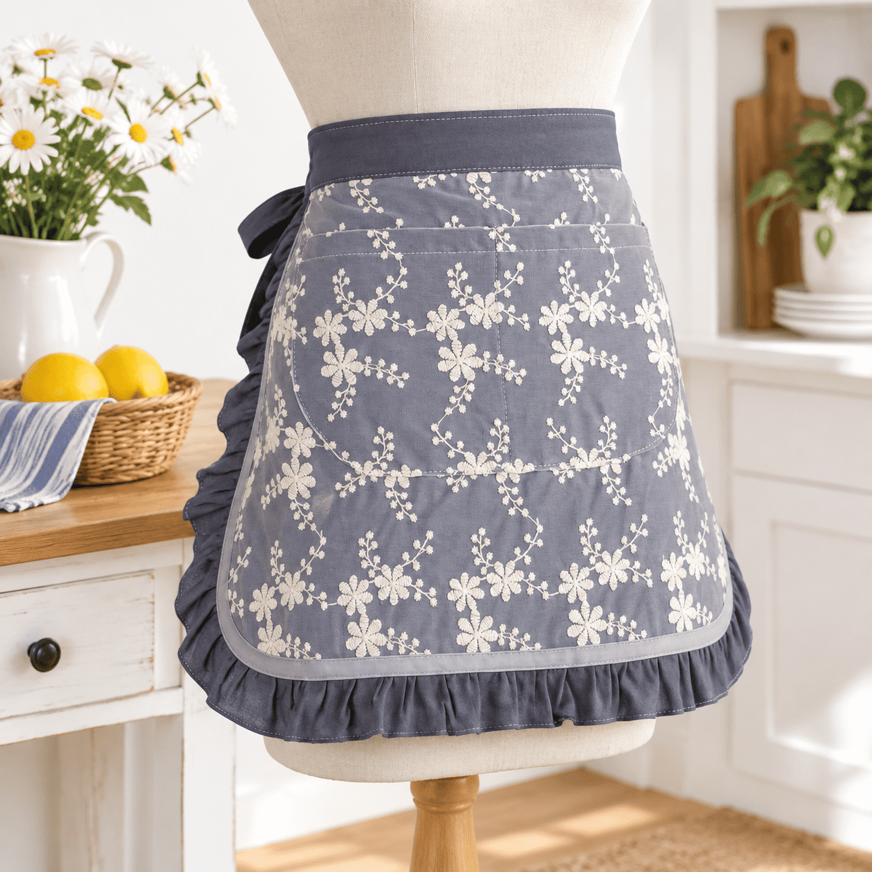 Grey Waist Apron, Washed Cotton Half Apron with Lace Embroidery for ...