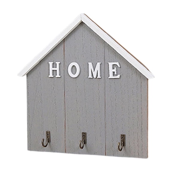 Grey Wall Mounted House Shape Key Hook Rack 8.86X8.46 Inch With 3 Metal Hooks Rustic Wood Look For Entryway Front Door Home Storage