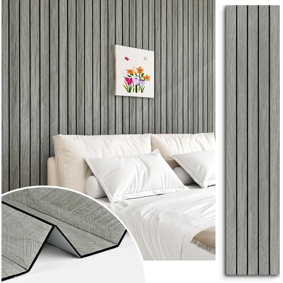Grey  Wall Slat Panels Peel and Stick  Fluted  Panels for Interior Wall Decor 120" x 12" Self Adhesive Acoustic Wooden Paneling for Bedroom Living Room TV Backgroud Kitchen