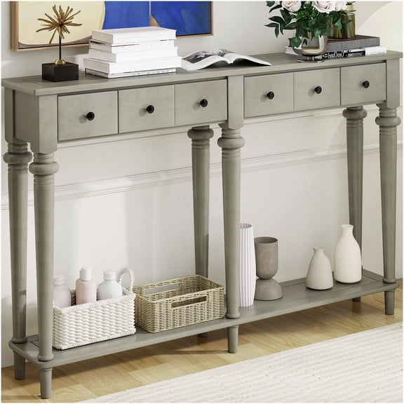 Grey Wash Retro Console Table with 4 Drawers & Open Shelf, Farmhouse Entryway Table for Hallway & Living Room