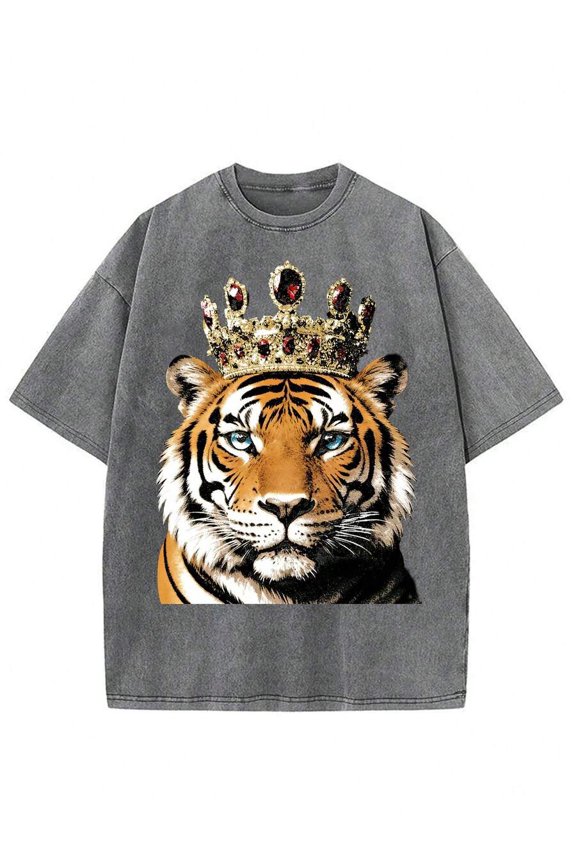 Grey Washed Oversized Crew Neck T-Shirt With Royal Tiger And Crown Graphic Print