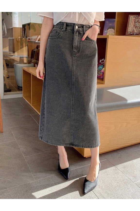 Grey Washed Straight Cut A-Line Denim Skirt Mid-Length