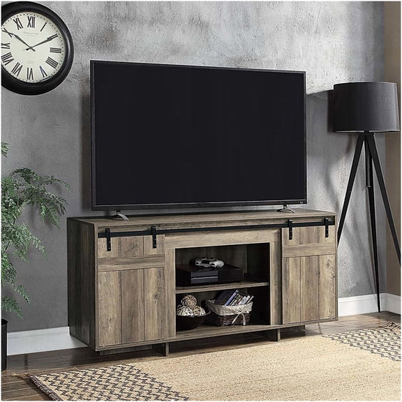 Grey Washed TV Stand with Sliding Barn Doors for 60 Inch TV, Modern Farmhouse Media Console