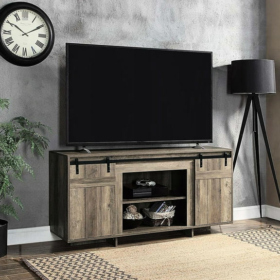Grey Washed Tv Rack With 2 Compartments For 60-inch - Wood & Metal Wash Media Console Sliding Barn Doors Solid