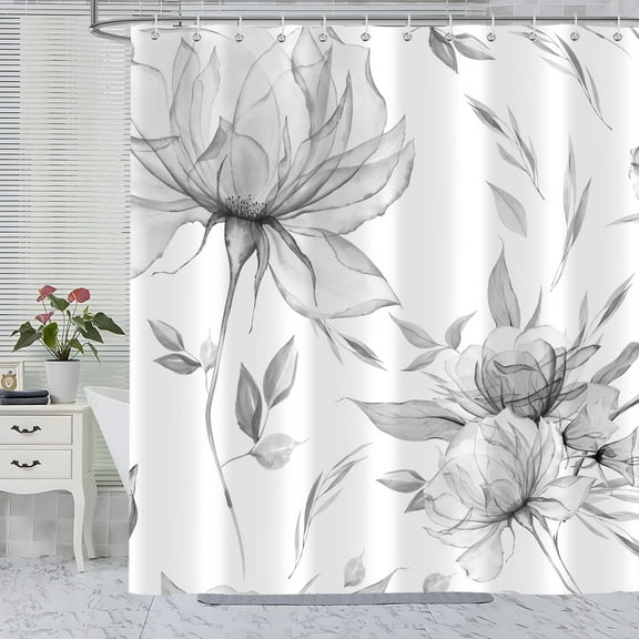 Grey Watercolor Floral Shower Curtain, Flower Leaves Aesthetic Art  Bathroom Decor, Waterproof Polyester Cloth Fabric with 12 Hooks,72x72 in