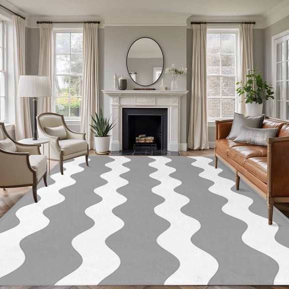 Grey Wavy 8'x10' Large Area Rug for Living Room Sectional Sofa, Stripes Washable Non Slip Low Pile Rectangle Area Rug for Living Room Dining Room, Bathroom Accent, Entryway, Beside Bed