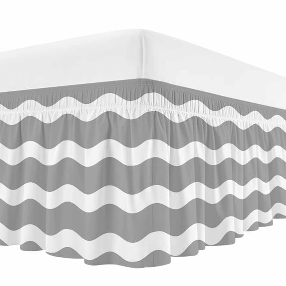 Grey Wavy Bed Skirt Bed Skirts King Size 18 Inch Drop, Stripes Wrap Around Dust Ruffle Bedskirt with Adjustable Elastic Belt for King Size Beds