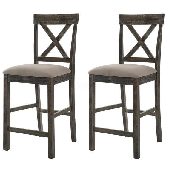 Grey Weathered Wood Counter Height Stools with Cross Back Design, Set of 2 Bar Stools