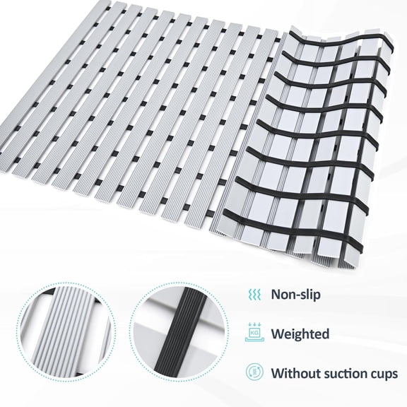 Grey Weighted Non Slip Bathtub Mat Without Suction Cups,Textured TPE Bath Mat for Textured Tub & Shower Surfaces,Doesn't Float, Works on Tile and Stone(33.8x 17)