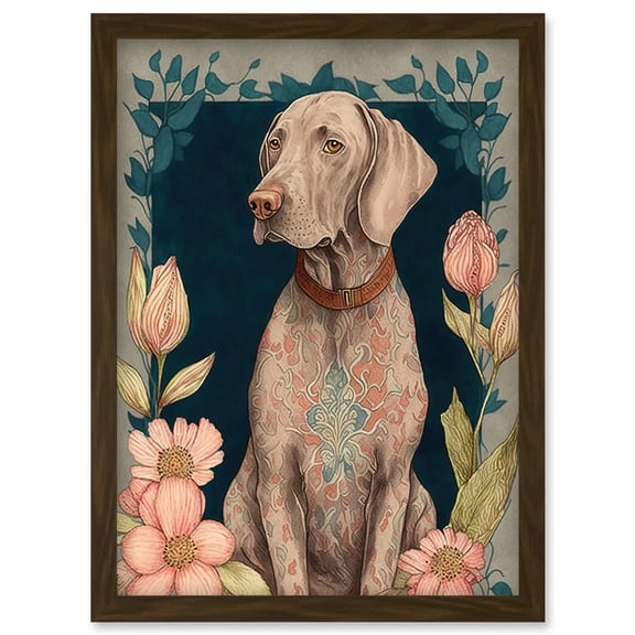 Grey Weimaraner Dog with Ornate Pattern Fur Coat and Flowers Modern Art Nouveau Illustration Artwork Framed Wall Art Print A4