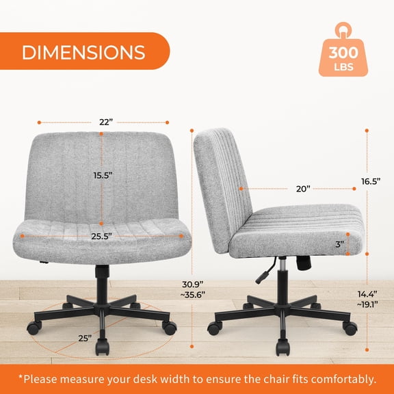 Grey Wheel Vertical Channel Tufted Armless Adjustable Swivel Office Task Chair With Fabric Upholstery