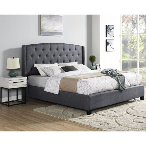 Grey+White 3-Piece Upholstered Bedroom - Wingback Bed with Single Drawer Nightstands - Bedroom Decor Upgrade - Durable and Sophisticated Choice