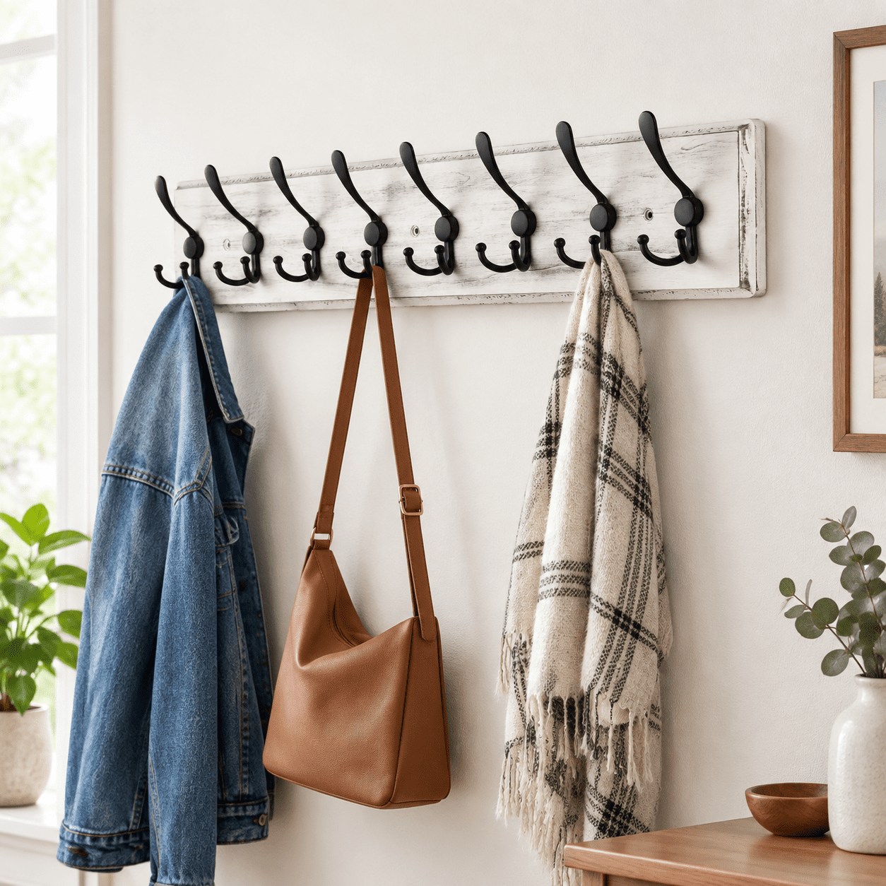 Grey White 8 Hooks Pine Wood Wall Mounted Coat Rack With Zinc Alloy ...