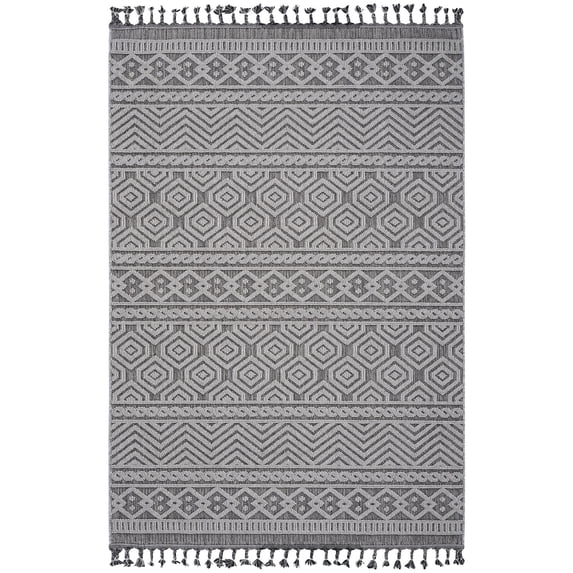 Grey/White 8X10 Geometric Rug / Non-Shedding, Machine-Woven