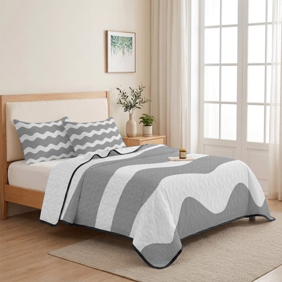 Grey White Abstract Sea Wave 3 Pieces Quilt Set,1 Quilt with 2 Shams,Minimalist Stripe Art Bedspread Soft Lightweight Bedding Coverlet Comforter Set for All Season 68"x98"