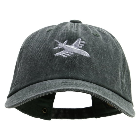 Grey White Airplane Embroidered Unstructured Pigment Dyed Cotton Cap - Dk Green OSFM