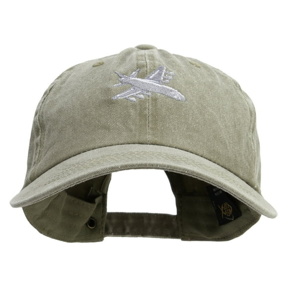 Grey White Airplane Embroidered Unstructured Pigment Dyed Cotton Cap - Khaki OSFM