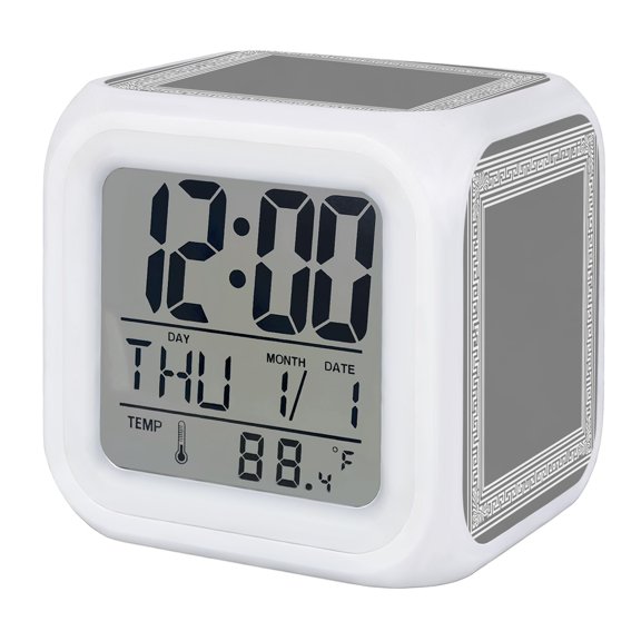 Grey White Alarm Clock, Simplistic Greek Inspired Abstract Geometric Art Digital Clock Night Light with 7 Color, Calendar Temperature Display, LED Desk Small Clock for Bedrooms Bedside Living Room