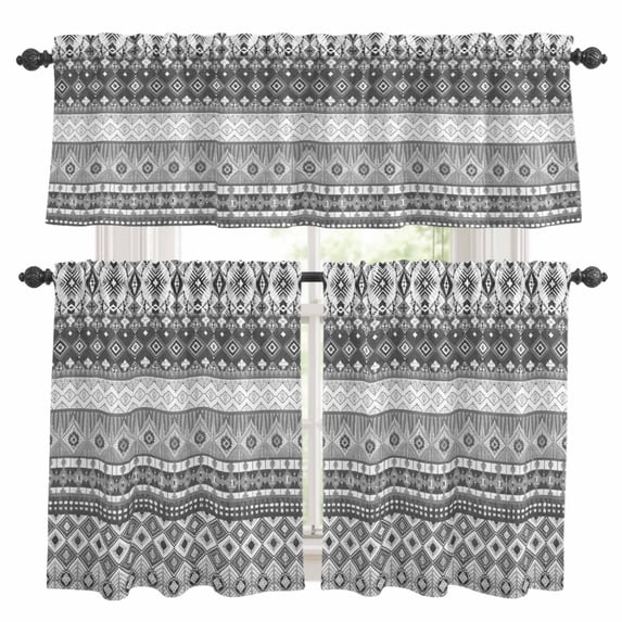 Grey White Boho Kitchen Curtains Sets for Windows 36 Inch Length, Vintage Ethnic Tribe Abstract Art Rod Pocket Window Treatments Tier Curtains and Valances Set for Bedroom/Bathroom