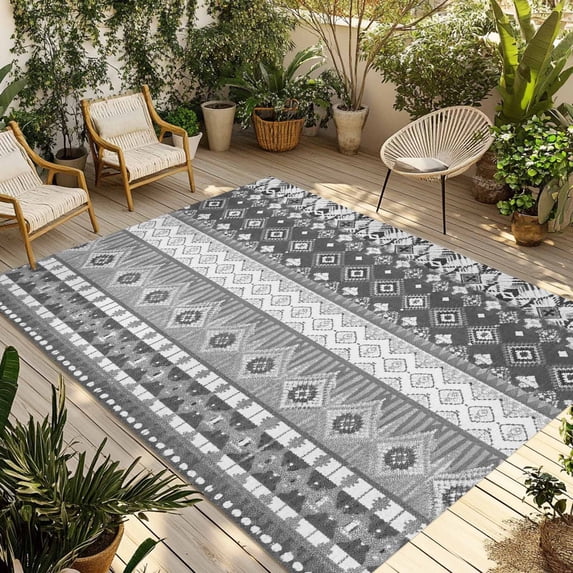 Grey White Boho Outdoor Rug for Patio/Deck/Porch, Non-Slip Large Area Rug 5 x 7 Ft, Vintage Ethnic Tribe Abstract Art Indoor Outdoor Rugs Washable Area Rugs, Reversible Camping Rug Carpet Runner